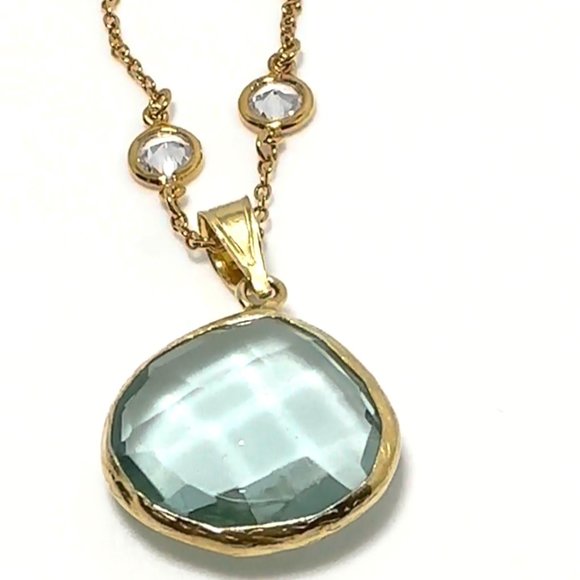 2PCS-LIGHT BLUE CRYSTAL QUARTZ OVAL PENDANT NECKLACE-VERMEIL (.925 BASE)/14KT GO